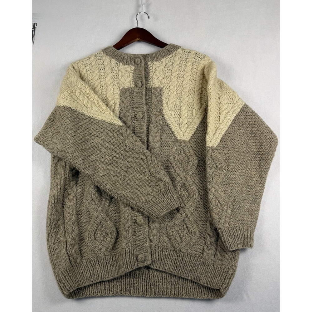 Hand Knit Wool Cable Knit Cardigan Sweater Taupe Cream Colorblock Large